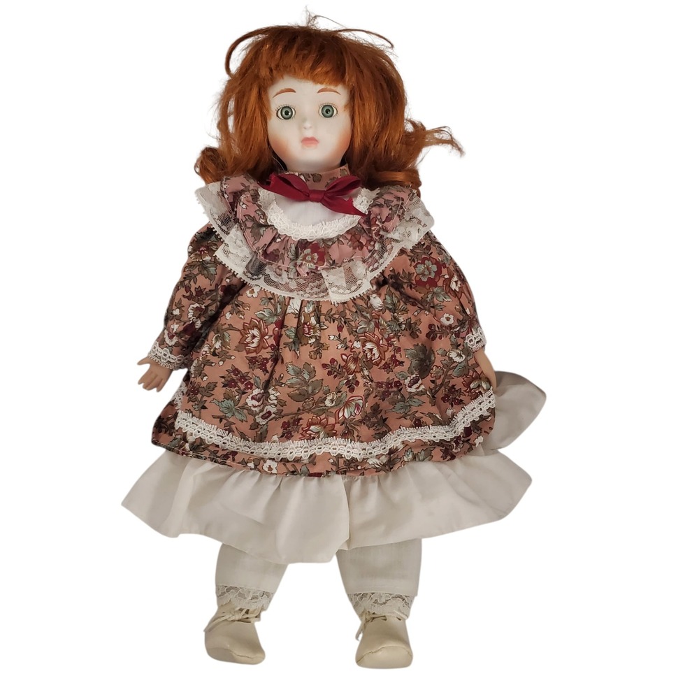 Porcelain Doll Red Hair Floral Dress Bow Green Eyes Vintage 89120 Collectable